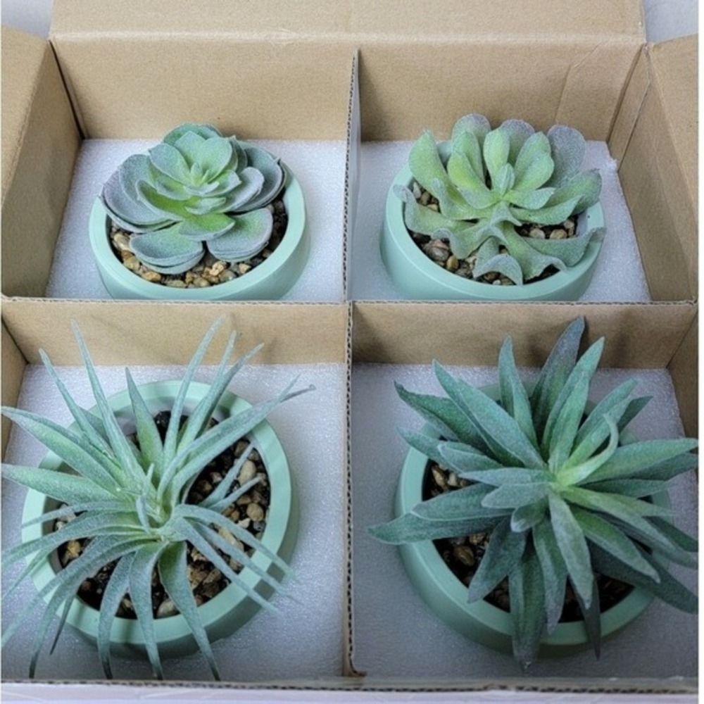 DerRose 4 Pack Artificial Succulents in Sage Green Ceramic Pots Faux Mini Plants